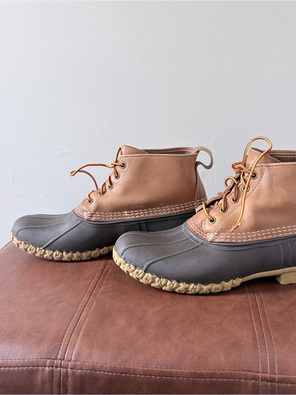 LL Bean Bean Boots 6 Inch Tan Brown Leather Rubber Rain Snow Made in USA